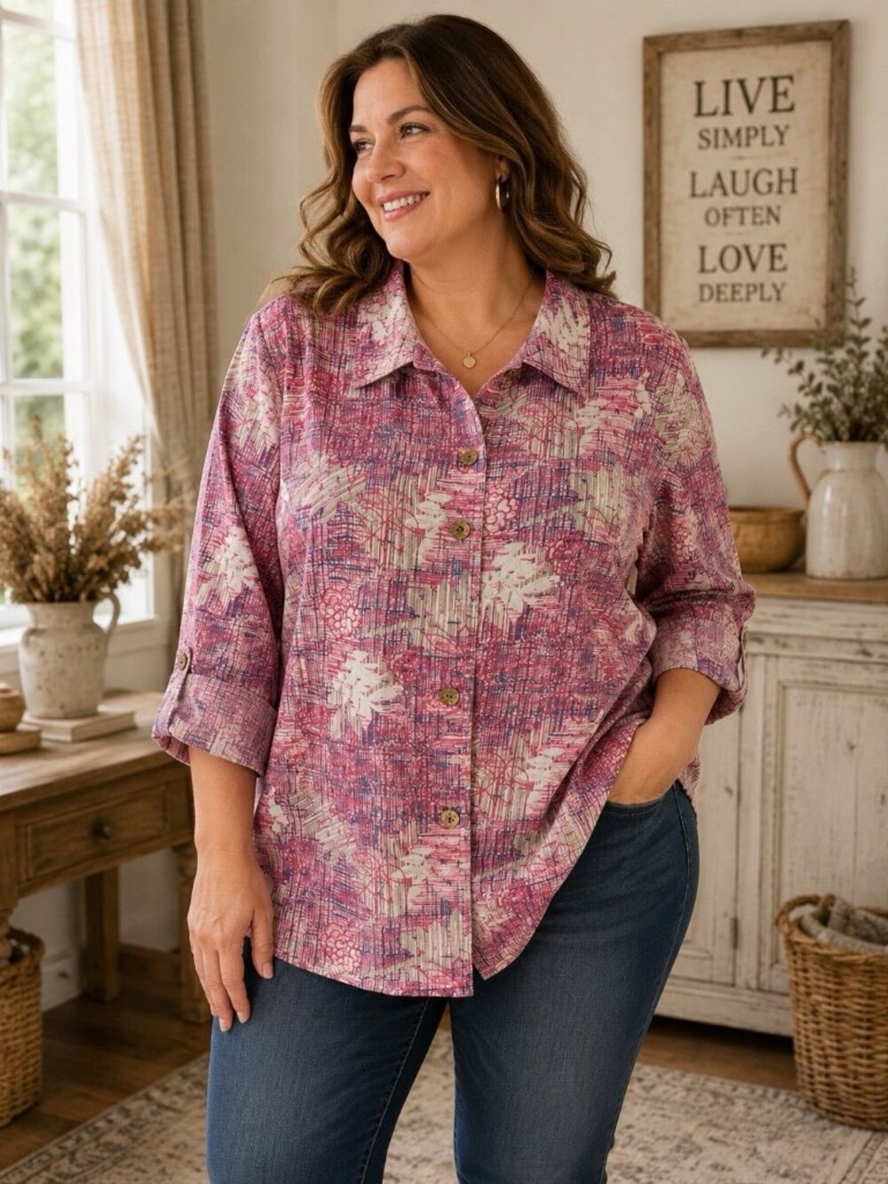 CJ Banks Womens Button Up Shirt 2X Pink Abstract Linen Blend Long Sleeve Top